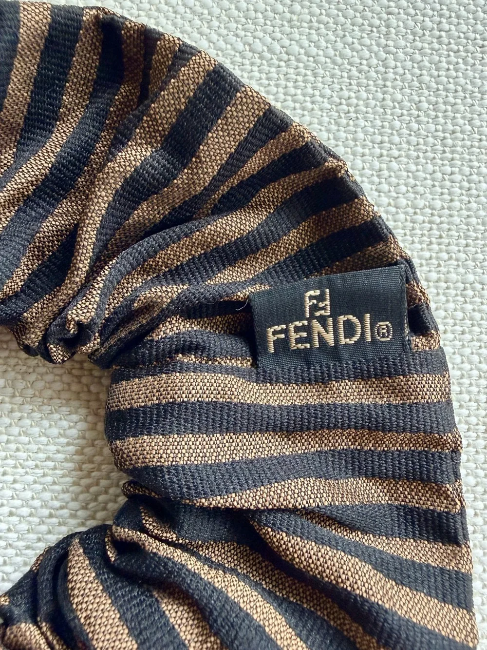 FENDI Vintage Pequin Pecan Stripe Scrunchie Brown Black Hair Tie